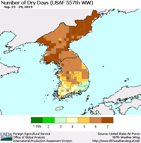 Korea Number of Dry Days (USAF 557th WW) Thematic Map For 9/23/2019 - 9/29/2019