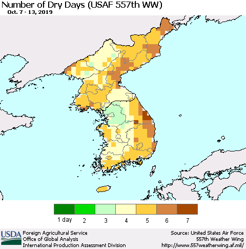 Korea Number of Dry Days (USAF 557th WW) Thematic Map For 10/7/2019 - 10/13/2019