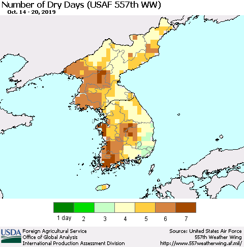 Korea Number of Dry Days (USAF 557th WW) Thematic Map For 10/14/2019 - 10/20/2019