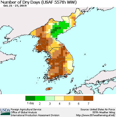 Korea Number of Dry Days (USAF 557th WW) Thematic Map For 10/21/2019 - 10/27/2019