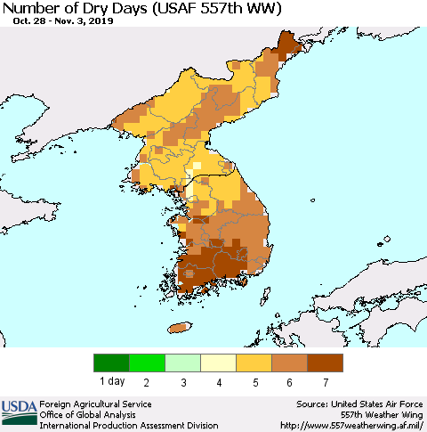 Korea Number of Dry Days (USAF 557th WW) Thematic Map For 10/28/2019 - 11/3/2019