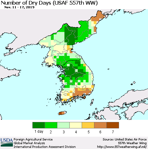 Korea Number of Dry Days (USAF 557th WW) Thematic Map For 11/11/2019 - 11/17/2019