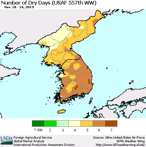 Korea Number of Dry Days (USAF 557th WW) Thematic Map For 11/18/2019 - 11/24/2019