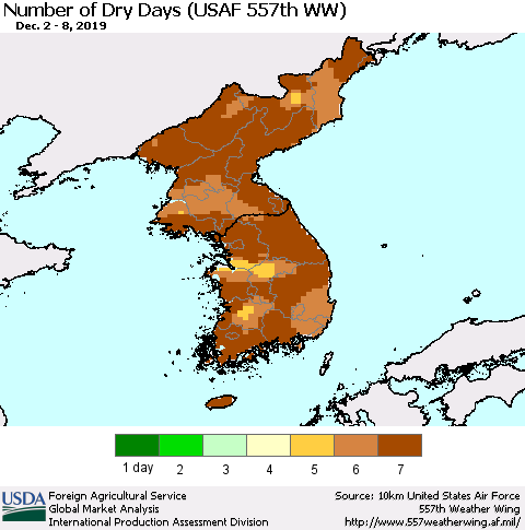 Korea Number of Dry Days (USAF 557th WW) Thematic Map For 12/2/2019 - 12/8/2019