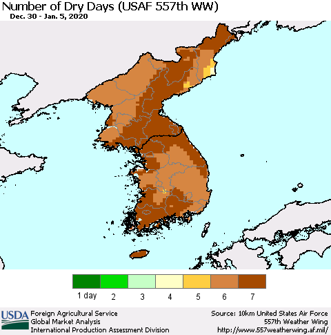 Korea Number of Dry Days (USAF 557th WW) Thematic Map For 12/30/2019 - 1/5/2020