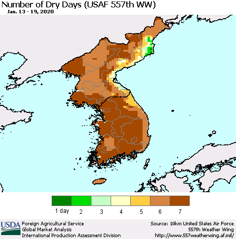 Korea Number of Dry Days (USAF 557th WW) Thematic Map For 1/13/2020 - 1/19/2020