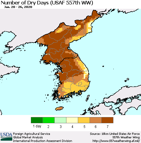 Korea Number of Dry Days (USAF 557th WW) Thematic Map For 1/20/2020 - 1/26/2020