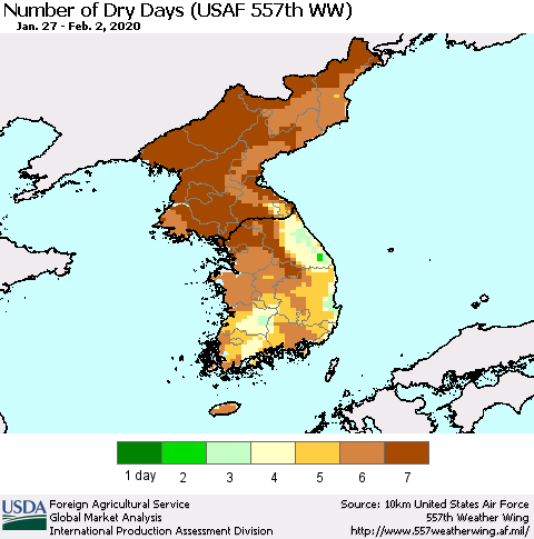 Korea Number of Dry Days (USAF 557th WW) Thematic Map For 1/27/2020 - 2/2/2020