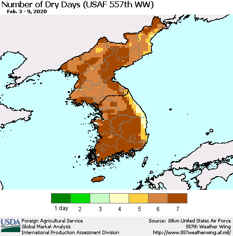 Korea Number of Dry Days (USAF 557th WW) Thematic Map For 2/3/2020 - 2/9/2020