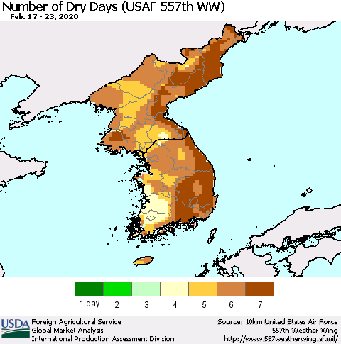 Korea Number of Dry Days (USAF 557th WW) Thematic Map For 2/17/2020 - 2/23/2020