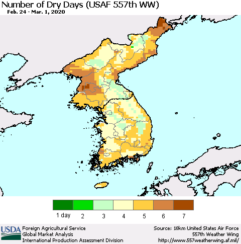 Korea Number of Dry Days (USAF 557th WW) Thematic Map For 2/24/2020 - 3/1/2020