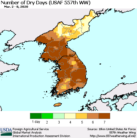 Korea Number of Dry Days (USAF 557th WW) Thematic Map For 3/2/2020 - 3/8/2020