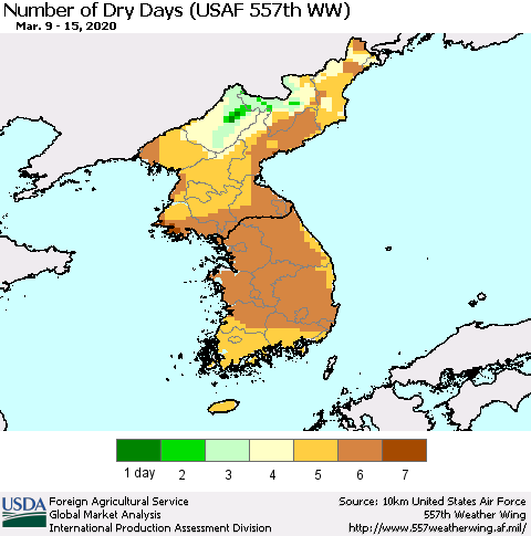 Korea Number of Dry Days (USAF 557th WW) Thematic Map For 3/9/2020 - 3/15/2020