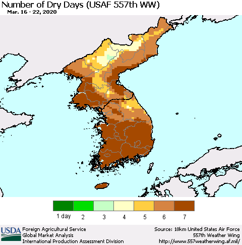 Korea Number of Dry Days (USAF 557th WW) Thematic Map For 3/16/2020 - 3/22/2020