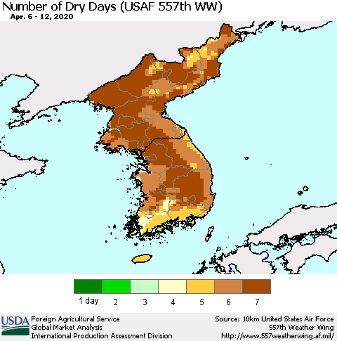 Korea Number of Dry Days (USAF 557th WW) Thematic Map For 4/6/2020 - 4/12/2020