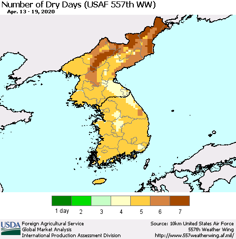 Korea Number of Dry Days (USAF 557th WW) Thematic Map For 4/13/2020 - 4/19/2020