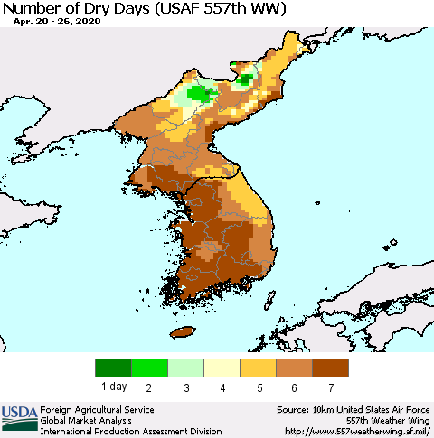 Korea Number of Dry Days (USAF 557th WW) Thematic Map For 4/20/2020 - 4/26/2020