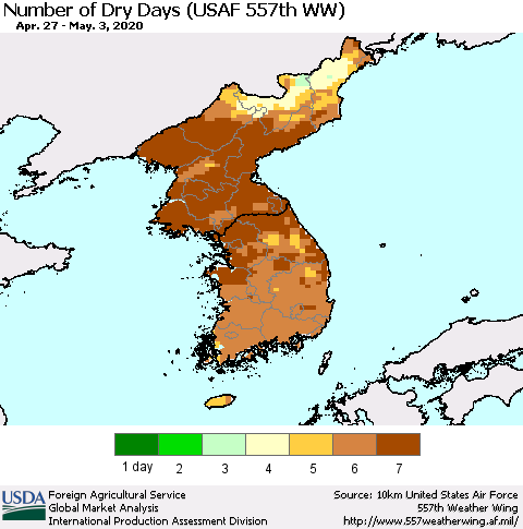 Korea Number of Dry Days (USAF 557th WW) Thematic Map For 4/27/2020 - 5/3/2020