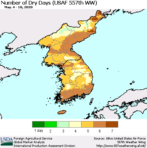 Korea Number of Dry Days (USAF 557th WW) Thematic Map For 5/4/2020 - 5/10/2020