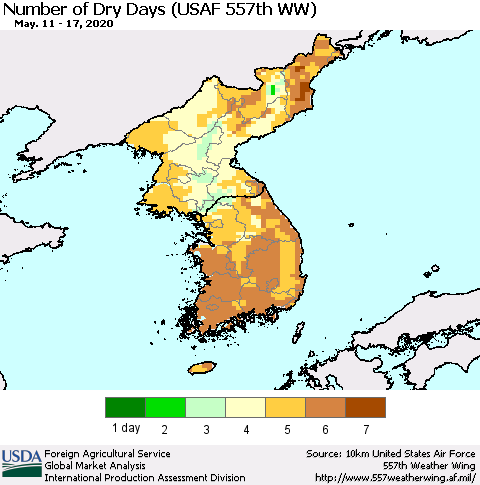 Korea Number of Dry Days (USAF 557th WW) Thematic Map For 5/11/2020 - 5/17/2020
