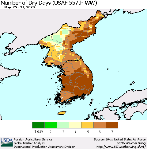 Korea Number of Dry Days (USAF 557th WW) Thematic Map For 5/25/2020 - 5/31/2020