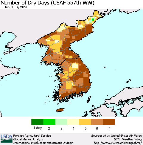 Korea Number of Dry Days (USAF 557th WW) Thematic Map For 6/1/2020 - 6/7/2020