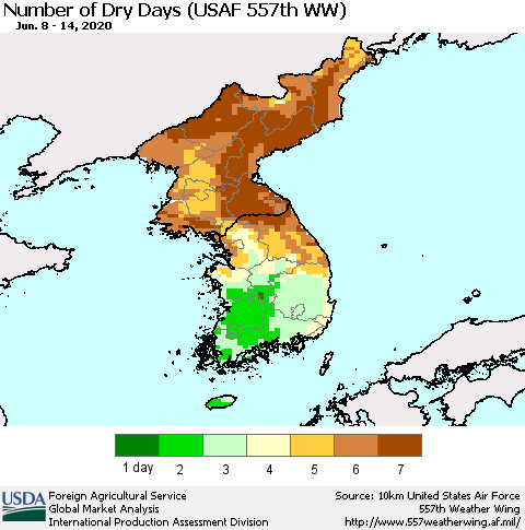 Korea Number of Dry Days (USAF 557th WW) Thematic Map For 6/8/2020 - 6/14/2020