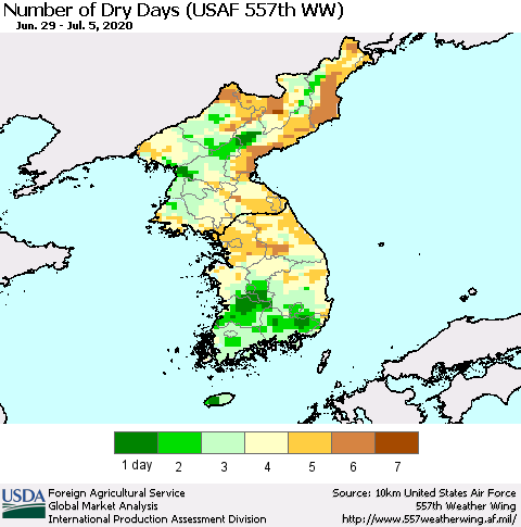 Korea Number of Dry Days (USAF 557th WW) Thematic Map For 6/29/2020 - 7/5/2020