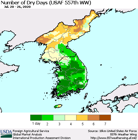 Korea Number of Dry Days (USAF 557th WW) Thematic Map For 7/20/2020 - 7/26/2020
