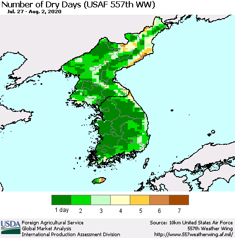 Korea Number of Dry Days (USAF 557th WW) Thematic Map For 7/27/2020 - 8/2/2020