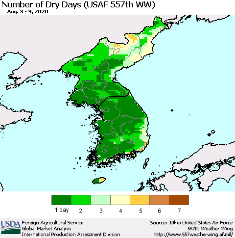 Korea Number of Dry Days (USAF 557th WW) Thematic Map For 8/3/2020 - 8/9/2020