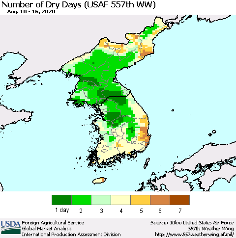 Korea Number of Dry Days (USAF 557th WW) Thematic Map For 8/10/2020 - 8/16/2020
