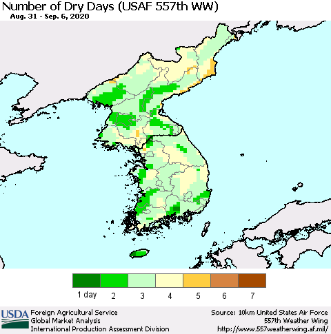 Korea Number of Dry Days (USAF 557th WW) Thematic Map For 8/31/2020 - 9/6/2020