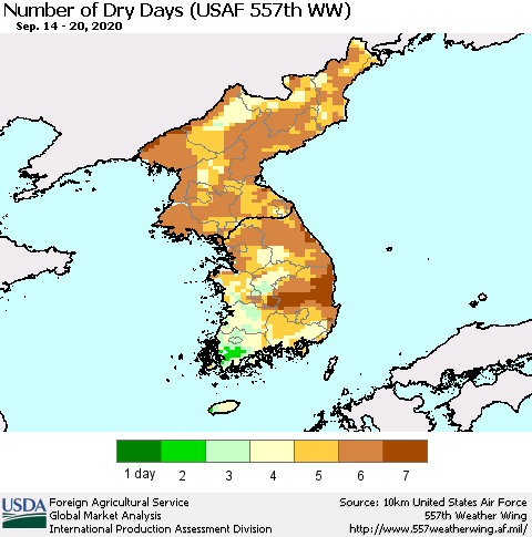 Korea Number of Dry Days (USAF 557th WW) Thematic Map For 9/14/2020 - 9/20/2020