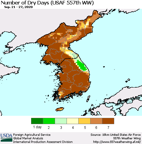 Korea Number of Dry Days (USAF 557th WW) Thematic Map For 9/21/2020 - 9/27/2020