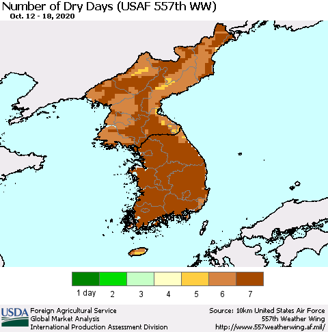 Korea Number of Dry Days (USAF 557th WW) Thematic Map For 10/12/2020 - 10/18/2020