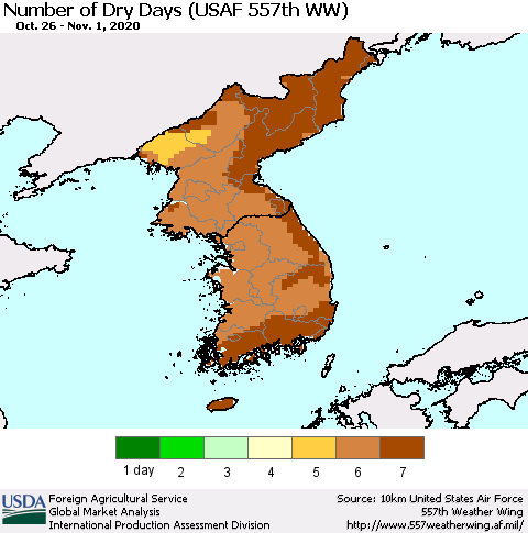 Korea Number of Dry Days (USAF 557th WW) Thematic Map For 10/26/2020 - 11/1/2020