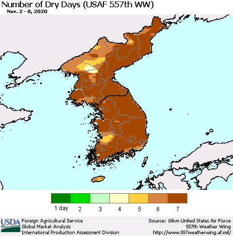 Korea Number of Dry Days (USAF 557th WW) Thematic Map For 11/2/2020 - 11/8/2020