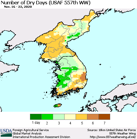Korea Number of Dry Days (USAF 557th WW) Thematic Map For 11/16/2020 - 11/22/2020