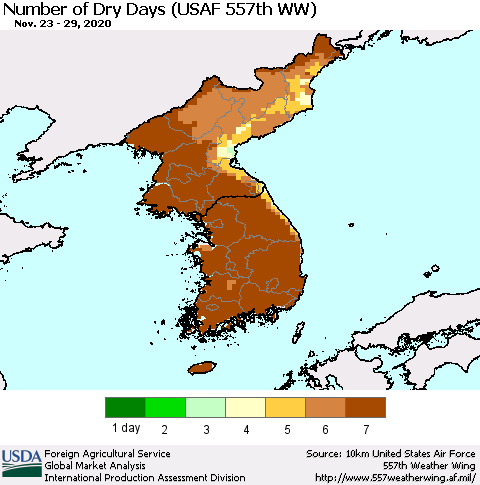 Korea Number of Dry Days (USAF 557th WW) Thematic Map For 11/23/2020 - 11/29/2020