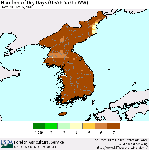 Korea Number of Dry Days (USAF 557th WW) Thematic Map For 11/30/2020 - 12/6/2020