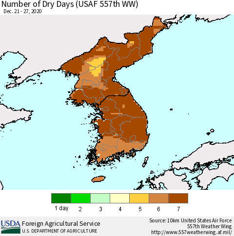 Korea Number of Dry Days (USAF 557th WW) Thematic Map For 12/21/2020 - 12/27/2020