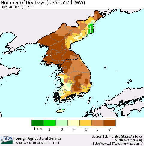 Korea Number of Dry Days (USAF 557th WW) Thematic Map For 12/28/2020 - 1/3/2021