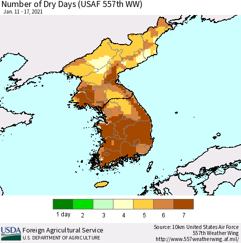 Korea Number of Dry Days (USAF 557th WW) Thematic Map For 1/11/2021 - 1/17/2021