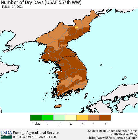 Korea Number of Dry Days (USAF 557th WW) Thematic Map For 2/8/2021 - 2/14/2021