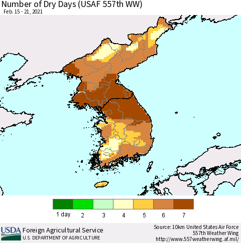Korea Number of Dry Days (USAF 557th WW) Thematic Map For 2/15/2021 - 2/21/2021