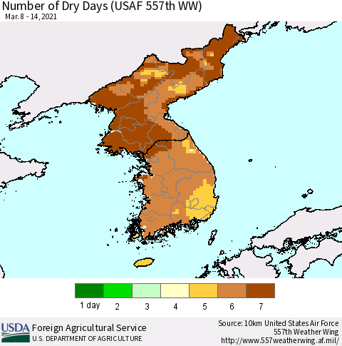Korea Number of Dry Days (USAF 557th WW) Thematic Map For 3/8/2021 - 3/14/2021