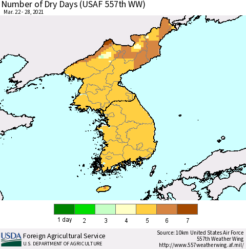 Korea Number of Dry Days (USAF 557th WW) Thematic Map For 3/22/2021 - 3/28/2021