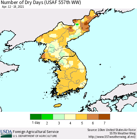 Korea Number of Dry Days (USAF 557th WW) Thematic Map For 4/12/2021 - 4/18/2021