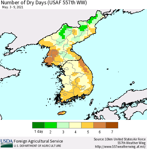 Korea Number of Dry Days (USAF 557th WW) Thematic Map For 5/3/2021 - 5/9/2021